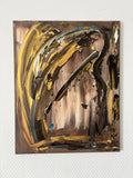 Tableau abstrait marron, noir et or peint à la main, idéal pour une décoration murale de salon contemporain.
