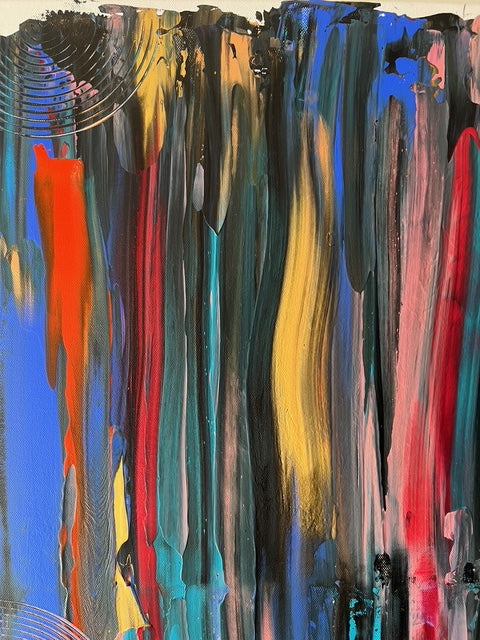 Art abstrait mural avec nuances dorées et bleues, peinture contemporaine unique, parfaite pour une décoration murale élégante.