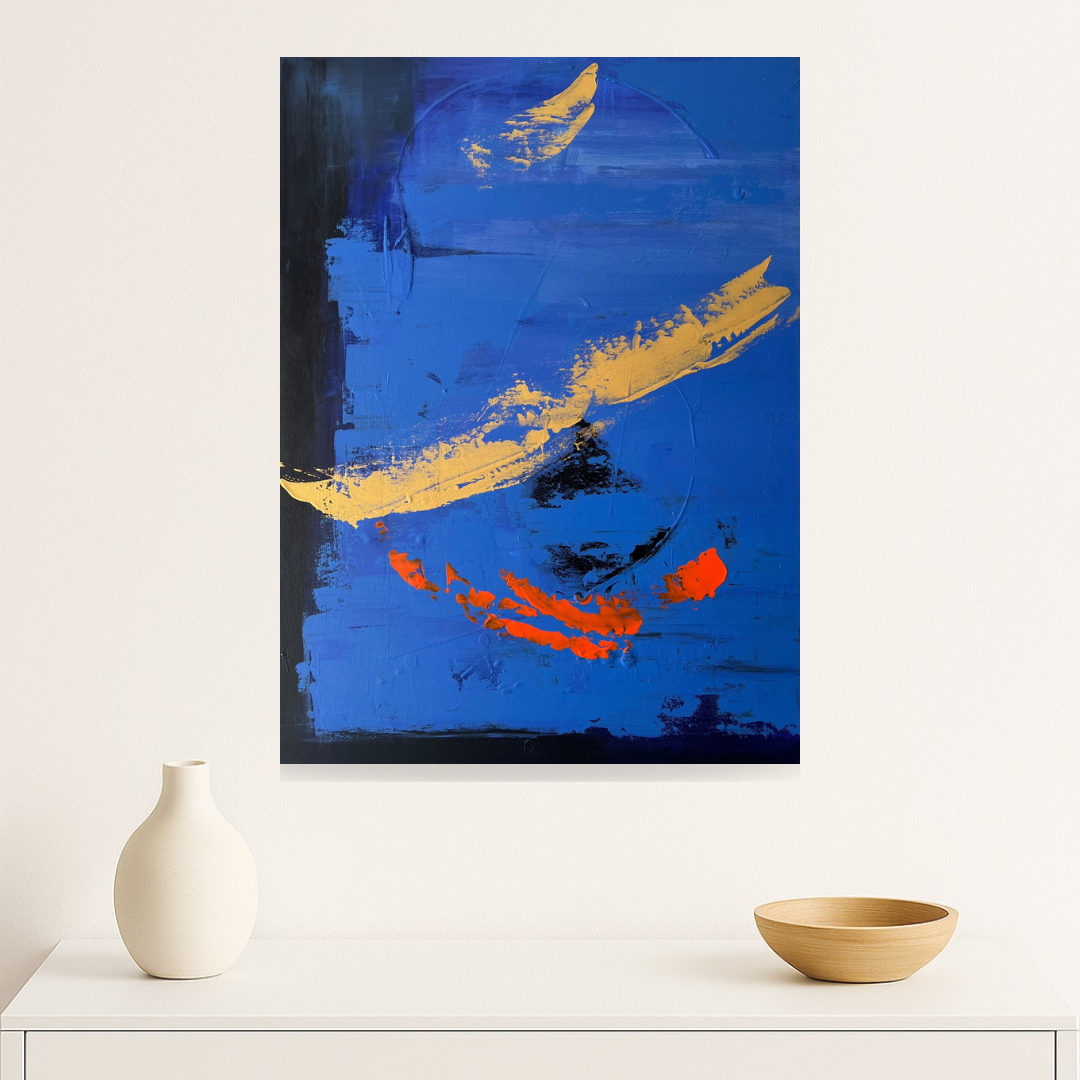 Art mural abstrait bleu, noir et or, peinture faite main au relief subtil, parfaite pour intérieur design et moderne.