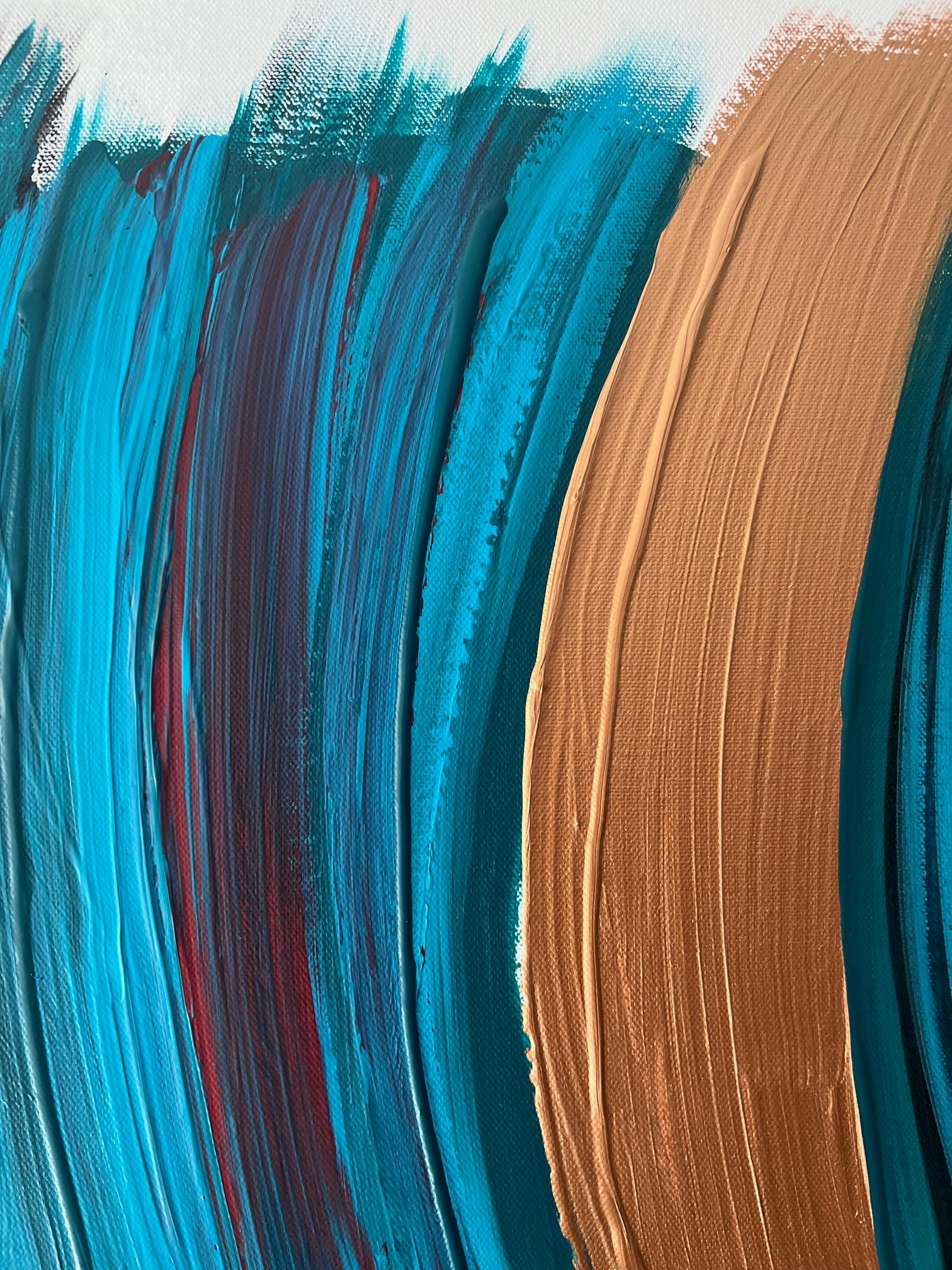 Art mural abstrait en relief bleu vert  et cuivre, peinture faite main, création artistique unique au style moderne et harmonieux.