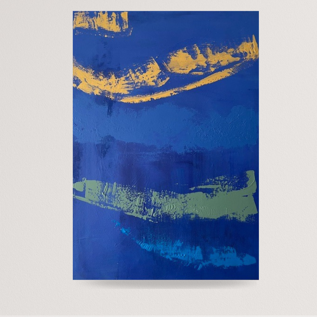 Art mural bleu ciel et or, peinture abstraite apaisante faite main, idéale pour une décoration lumineuse.