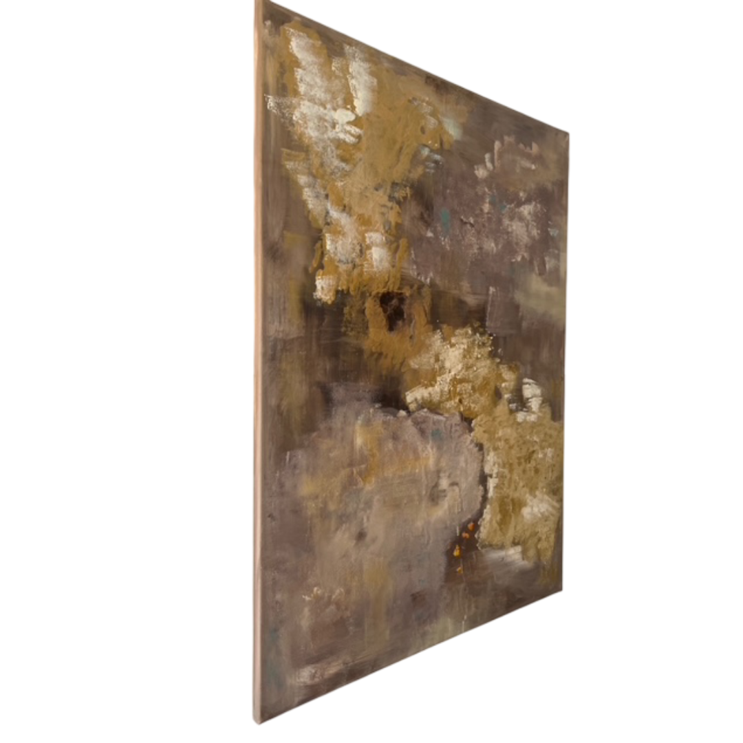 Art mural minimaliste marron et blanc, peinture abstraite contemporaine signée Biacha, idéale pour intérieur design.