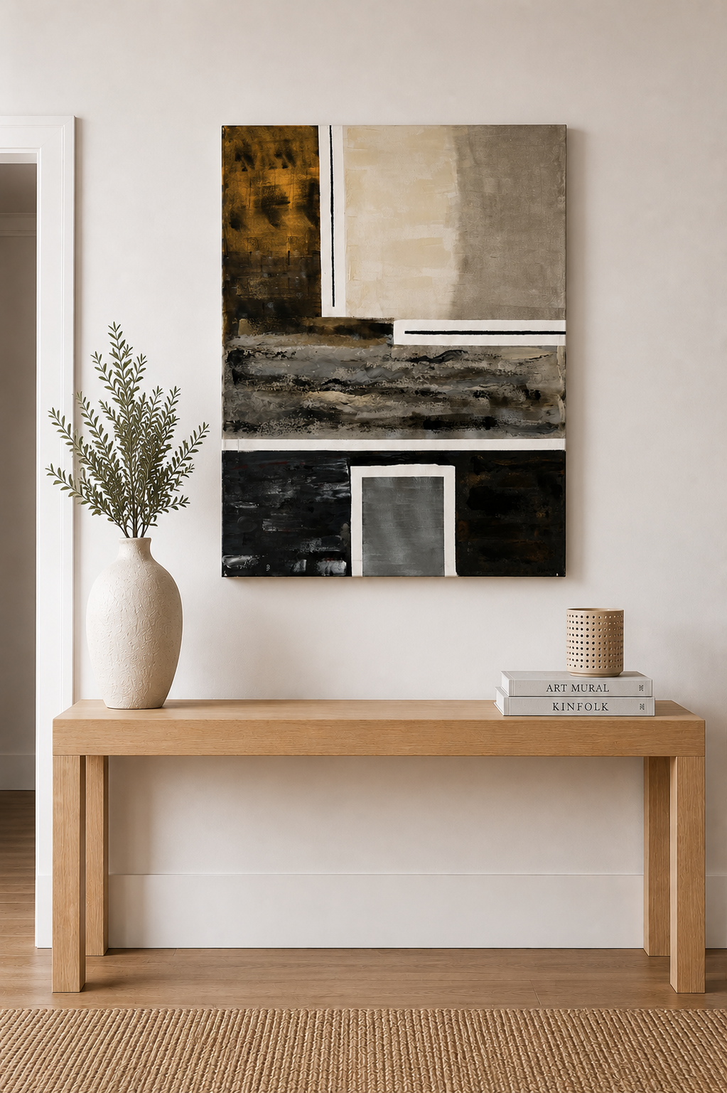 decoratio mural  moderne tableau  fait main acrylique sur toile cuivre noir et blanc 