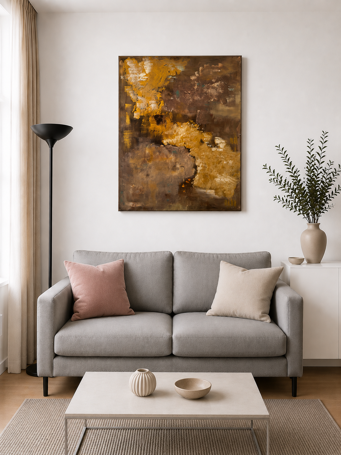 Décoration murale contemporaine avec un tableau abstrait couleurs  or, beige. Tableau abstrait moderne 