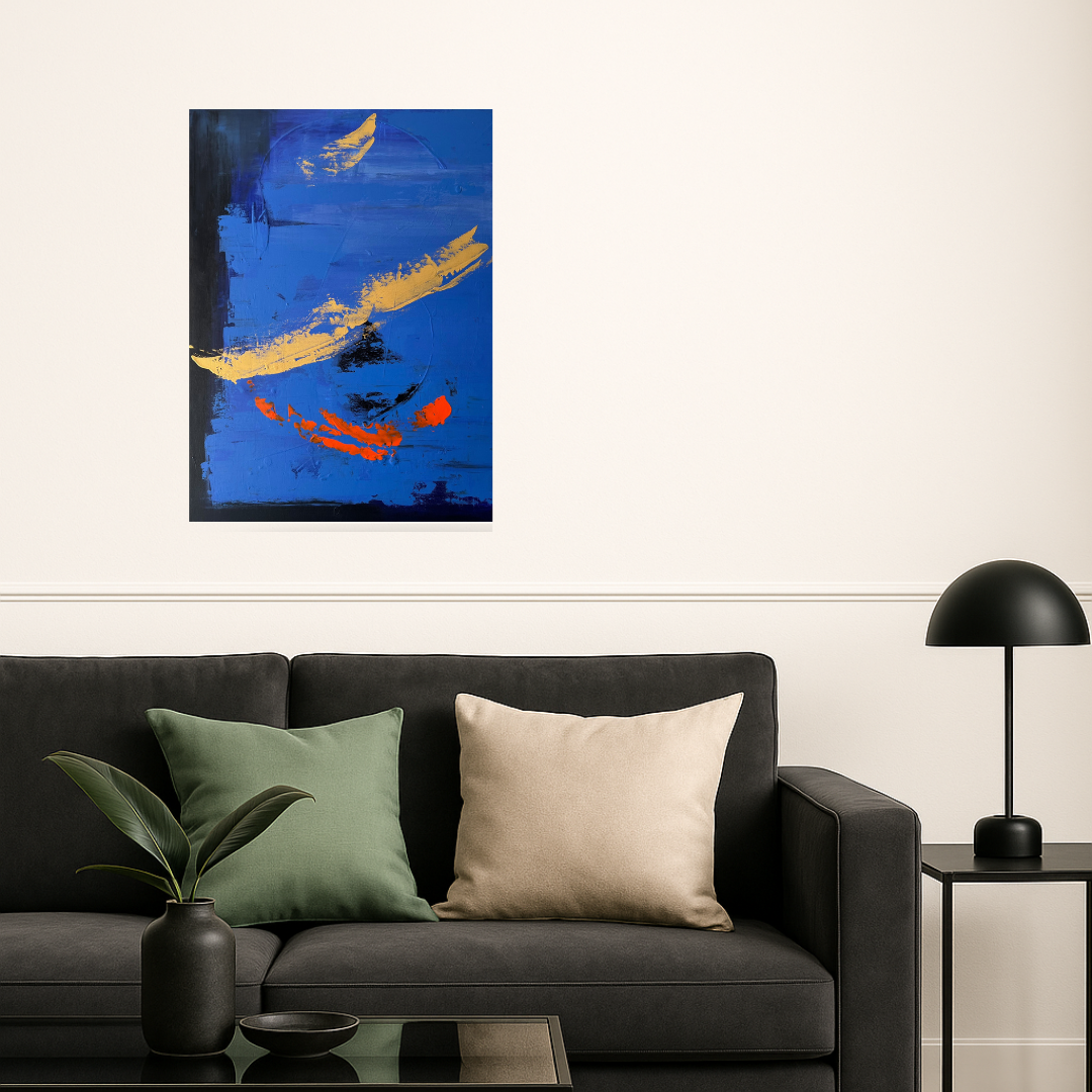 Idée décoration moderne pour salon tableau fait main sur toile  en noir  et bleu 