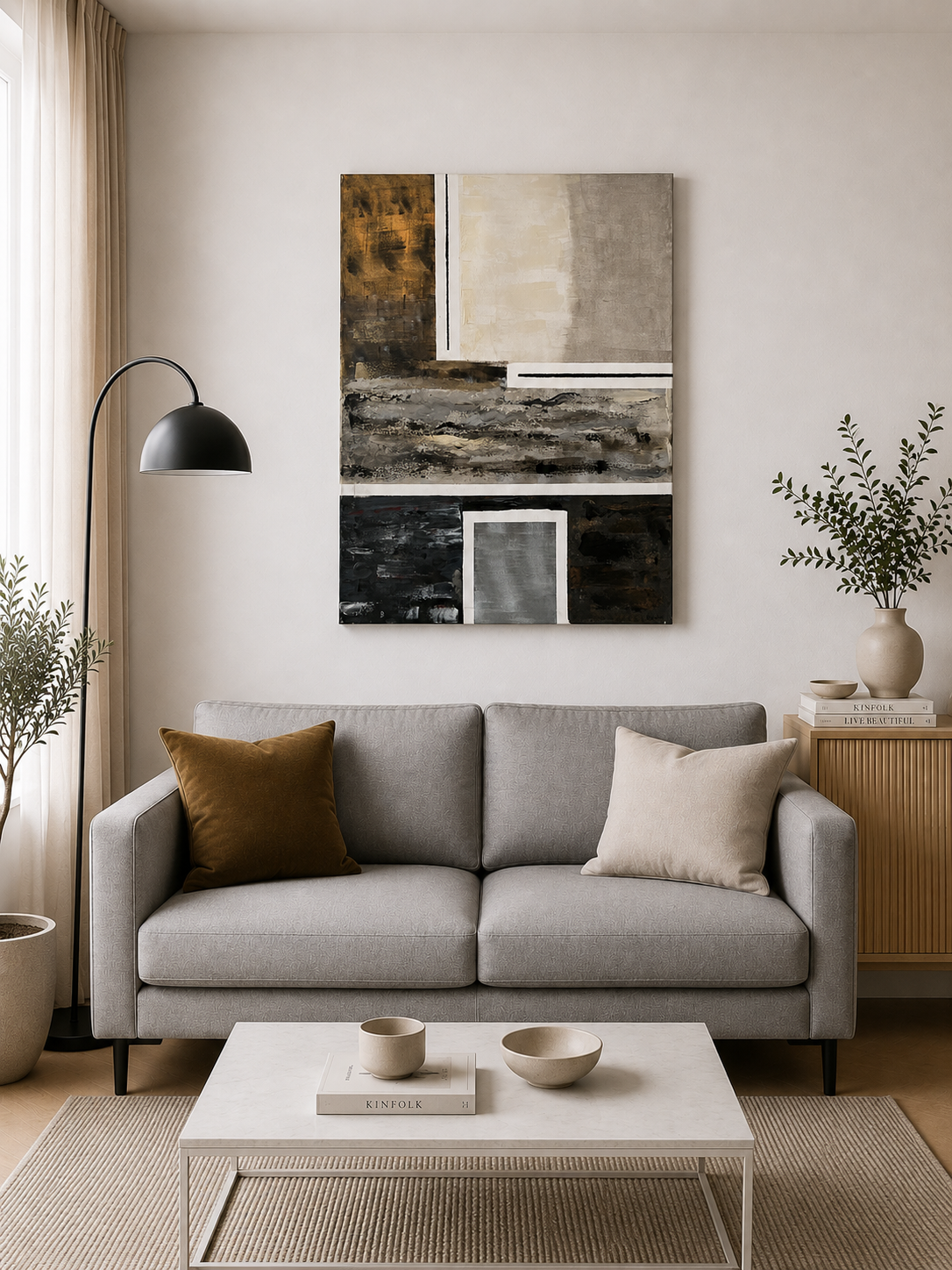 Idée décoration salon avec tableau abstrait vertical, couleurs cuivre, noir et blanc, œuvre originale de Biacha, artiste peintre français.