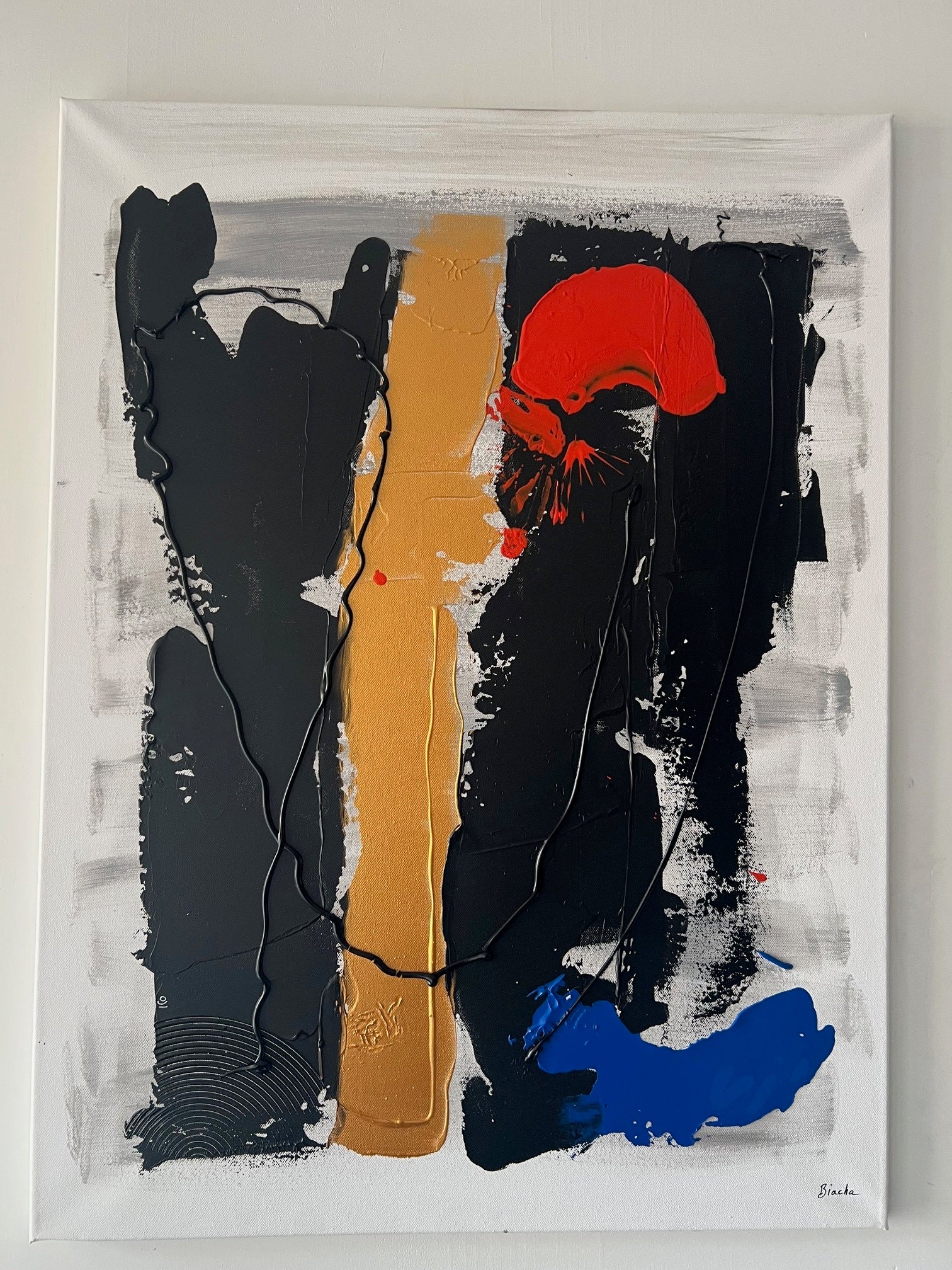 Tableau abstrait moderne rouge noir or