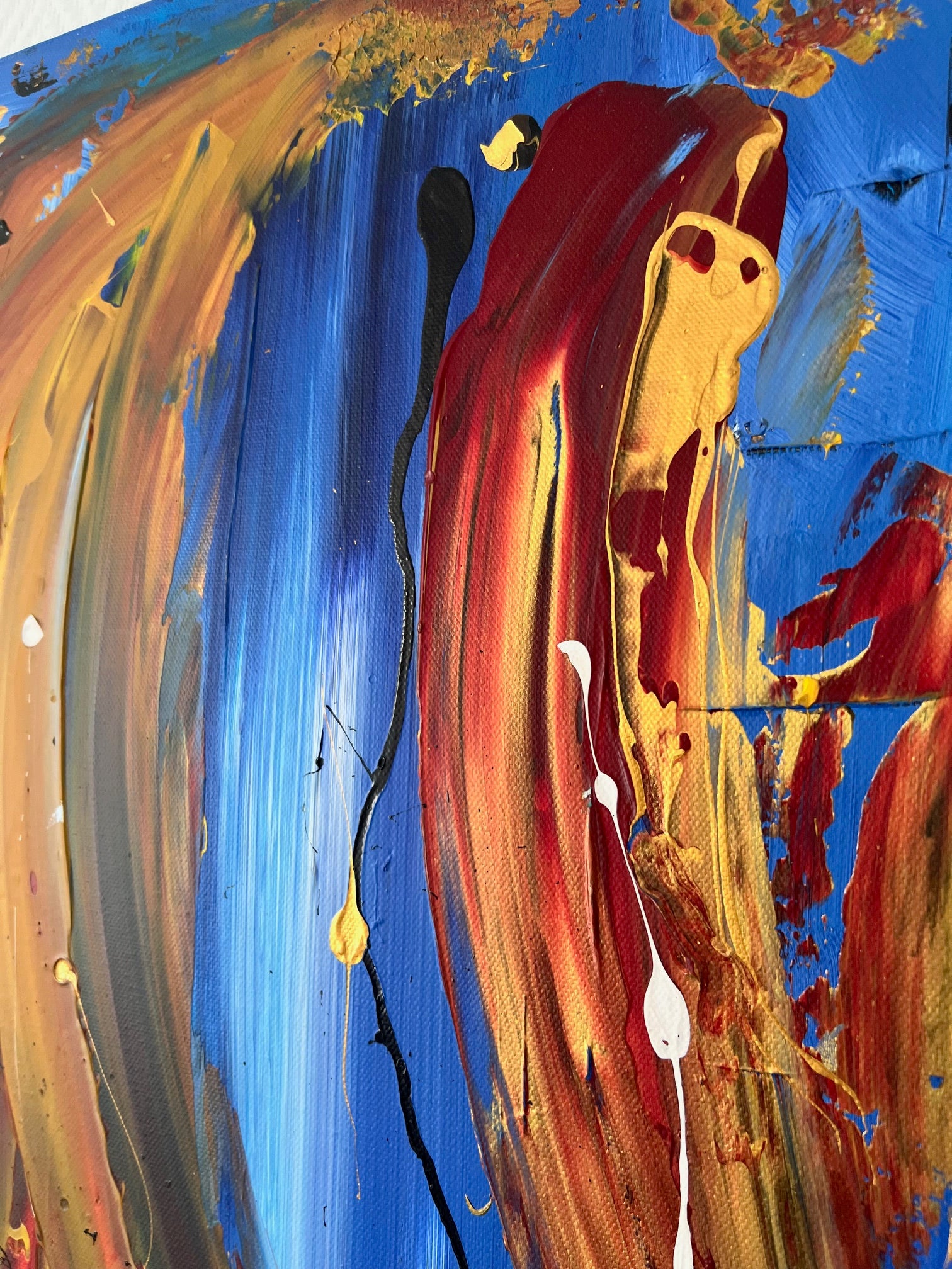 Peinture abstraite faite main aux dominantes bleu, orange et noir, idéale pour une décoration contemporaine.