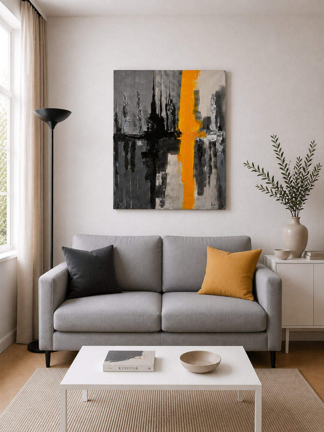 Création abstraite faite à la main avec un jeu de contrastes harmonieux, idéale pour compléter une décoration de salon moderne et lumineuse.
