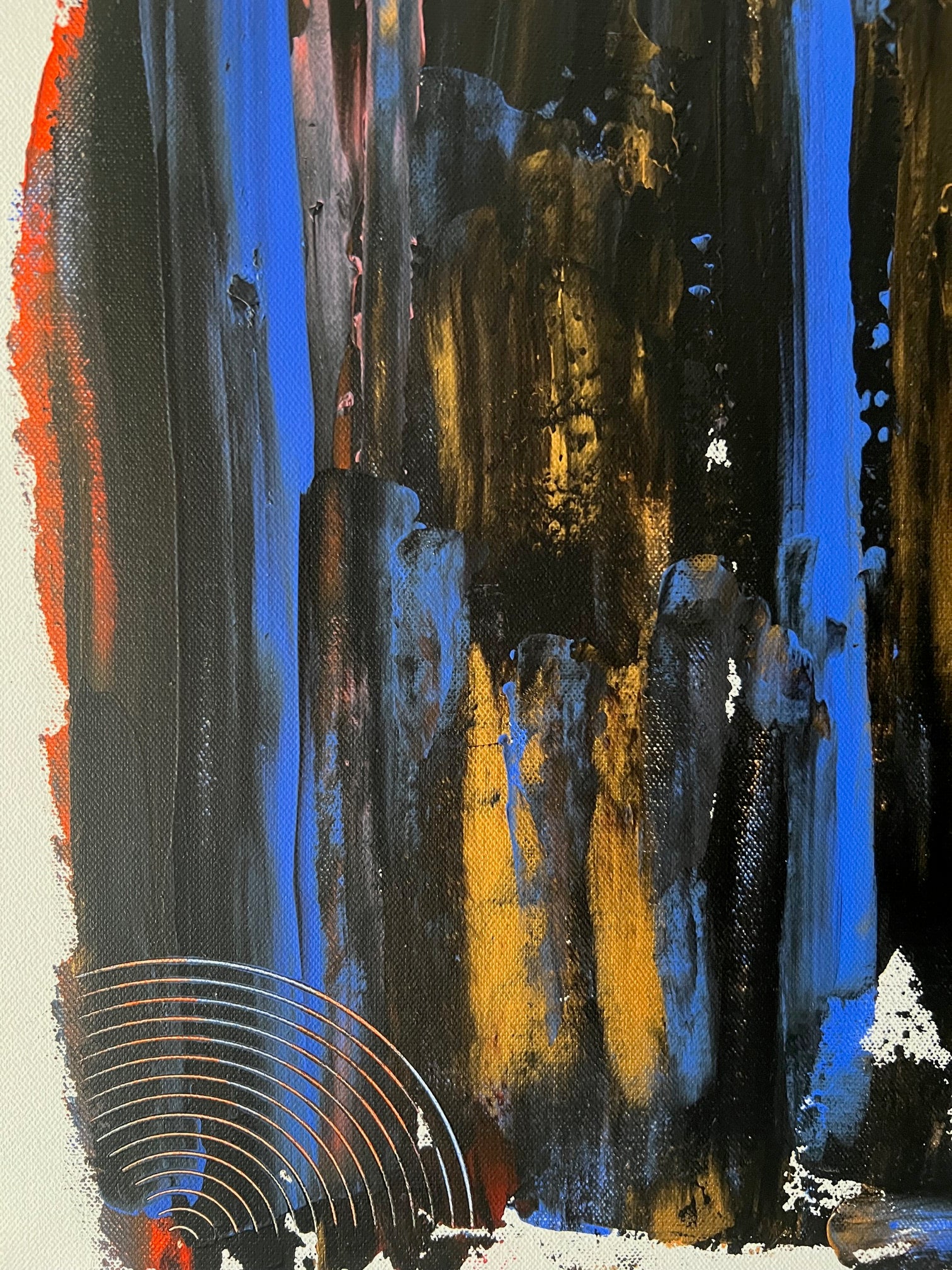 Peinture abstraite lissée aux couleurs vives, bleu, or et rouge, œuvre contemporaine signée Biacha, création expressive et lumineuse.