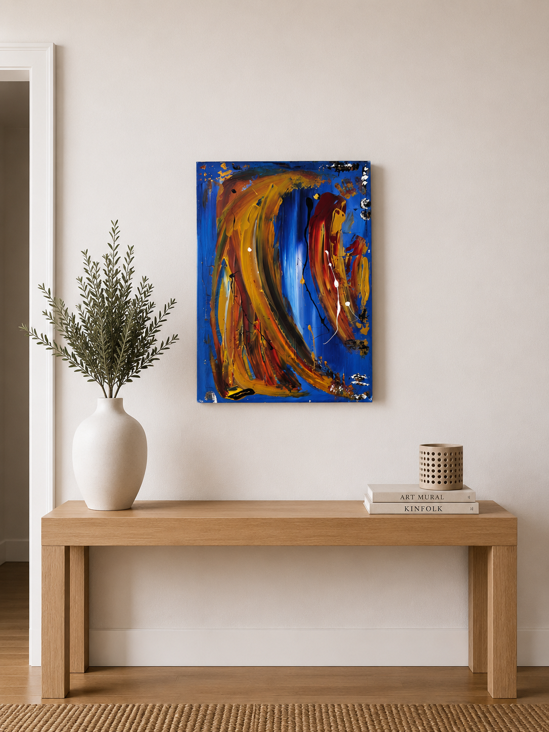 Peinture sur toile  Biacha, artiste peintre français, inspirée de l'art abstrait contemporain avec des couleurs bleu, orange et noir.