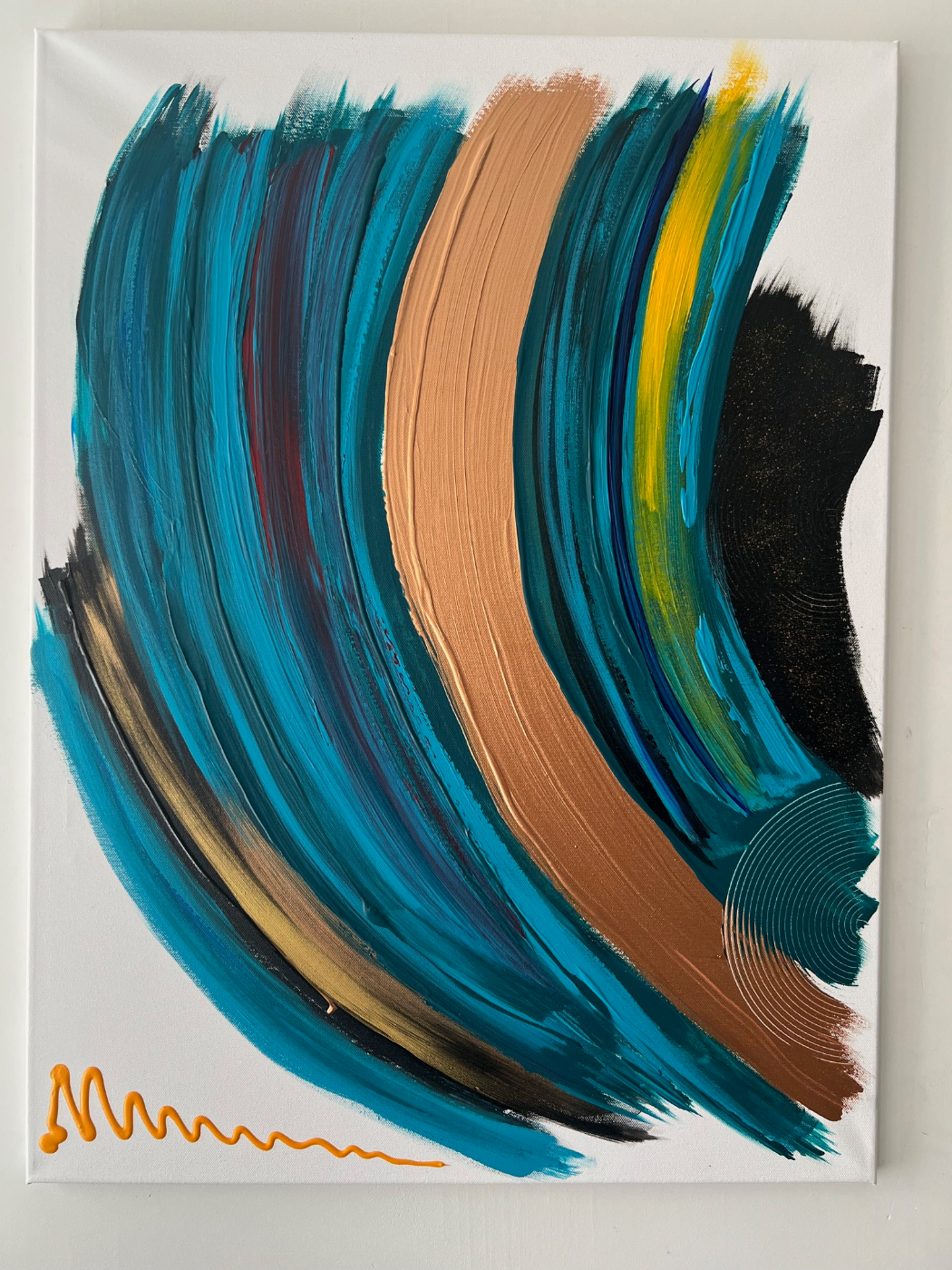 Peinture abstraite moderne bleu vert et or, texture en relief et mouvement fluide, parfaite pour une décoration murale élégante.