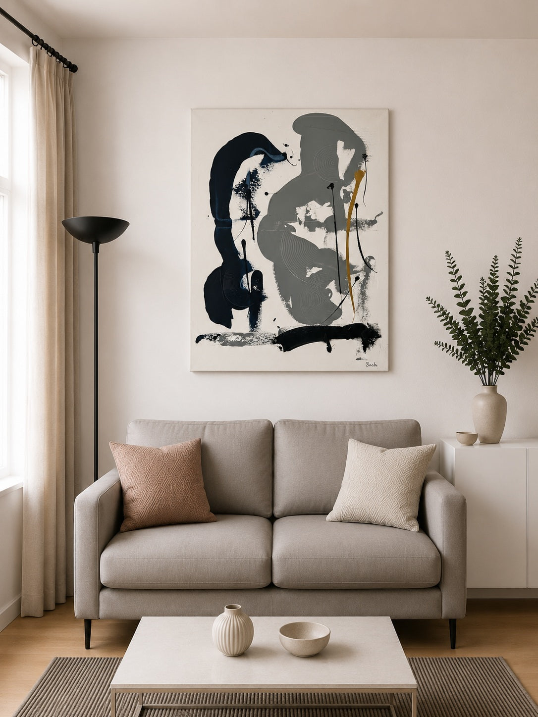 Peinture abstraite moderne création Biacha  artiste peintre français, composition abstraite bleu et gris inspirée du design contemporain.