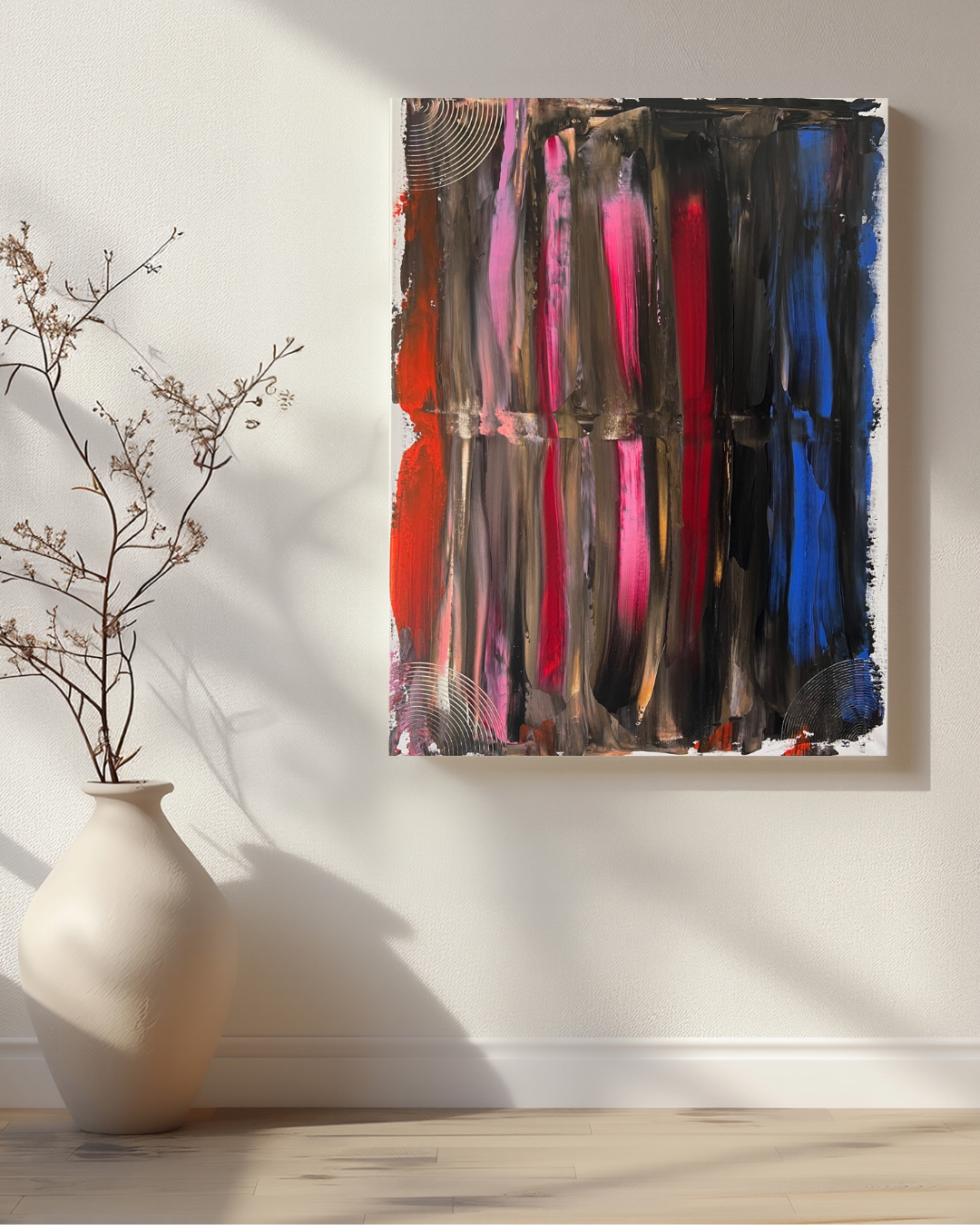 Peinture abstraite multicolore sur toile, effet lissé et relief subtil, œuvre artistique moderne faite main, création unique.