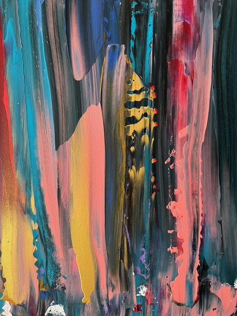 Peinture abstraite murale au design actuel, mélange de couleurs et effets de matière, œuvre contemporaine haut de gamme.