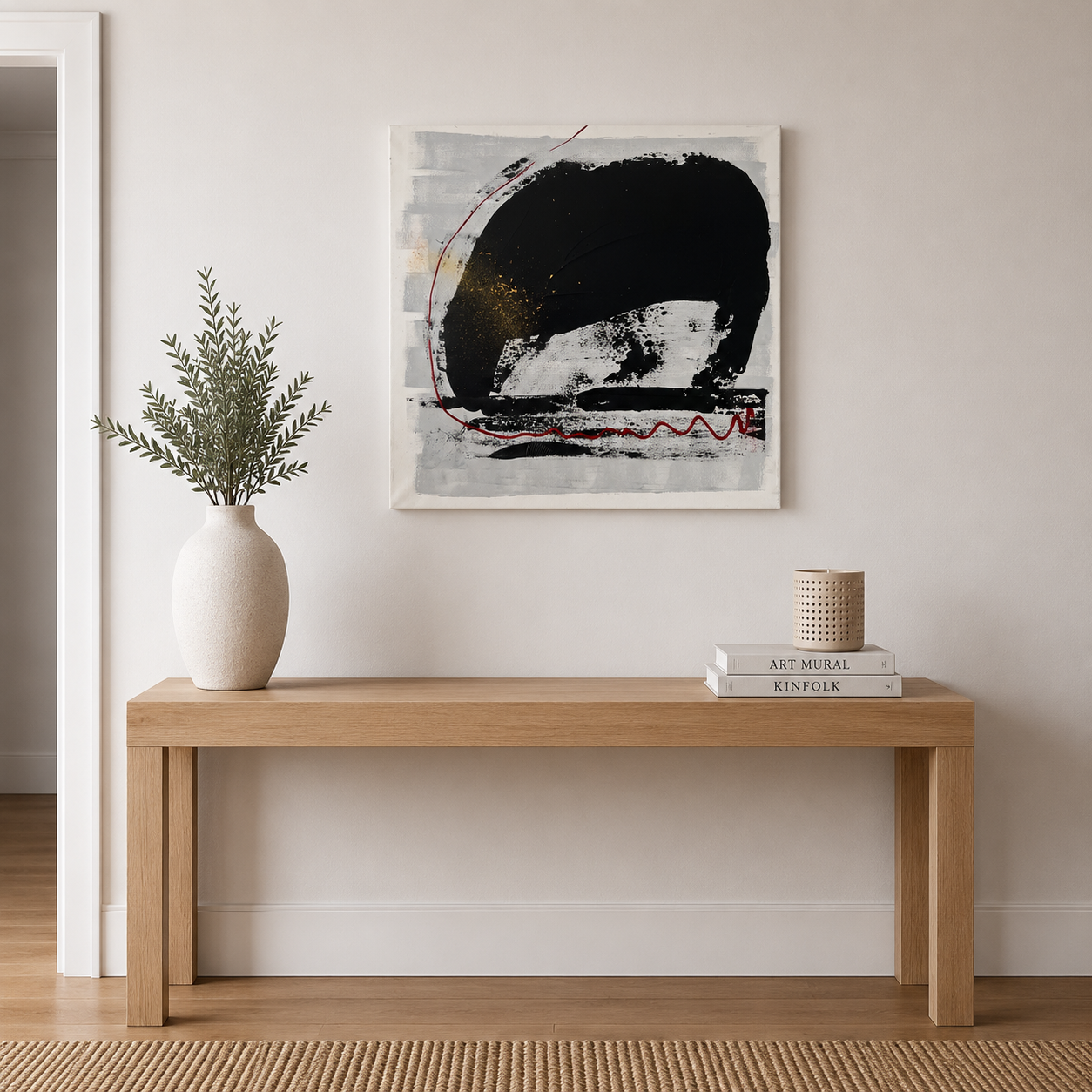 Peinture abstraite faite main aux effets de matière et aux contrastes noir et blanc, parfaite pour une décoration murale actuelle.