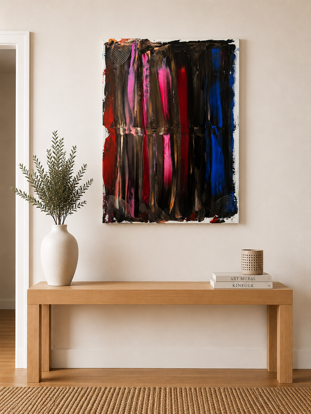 Peinture abstraite faite main aux dominantes noir, bleu, rouge et cuivre, parfaite pour une décoration contemporaine.
