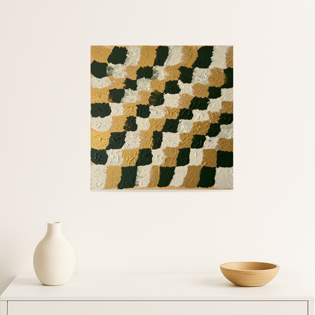 Peinture moderne vert et blanc inspirée du jeu d’échecs, œuvre abstraite artisanale pour une décoration murale design.