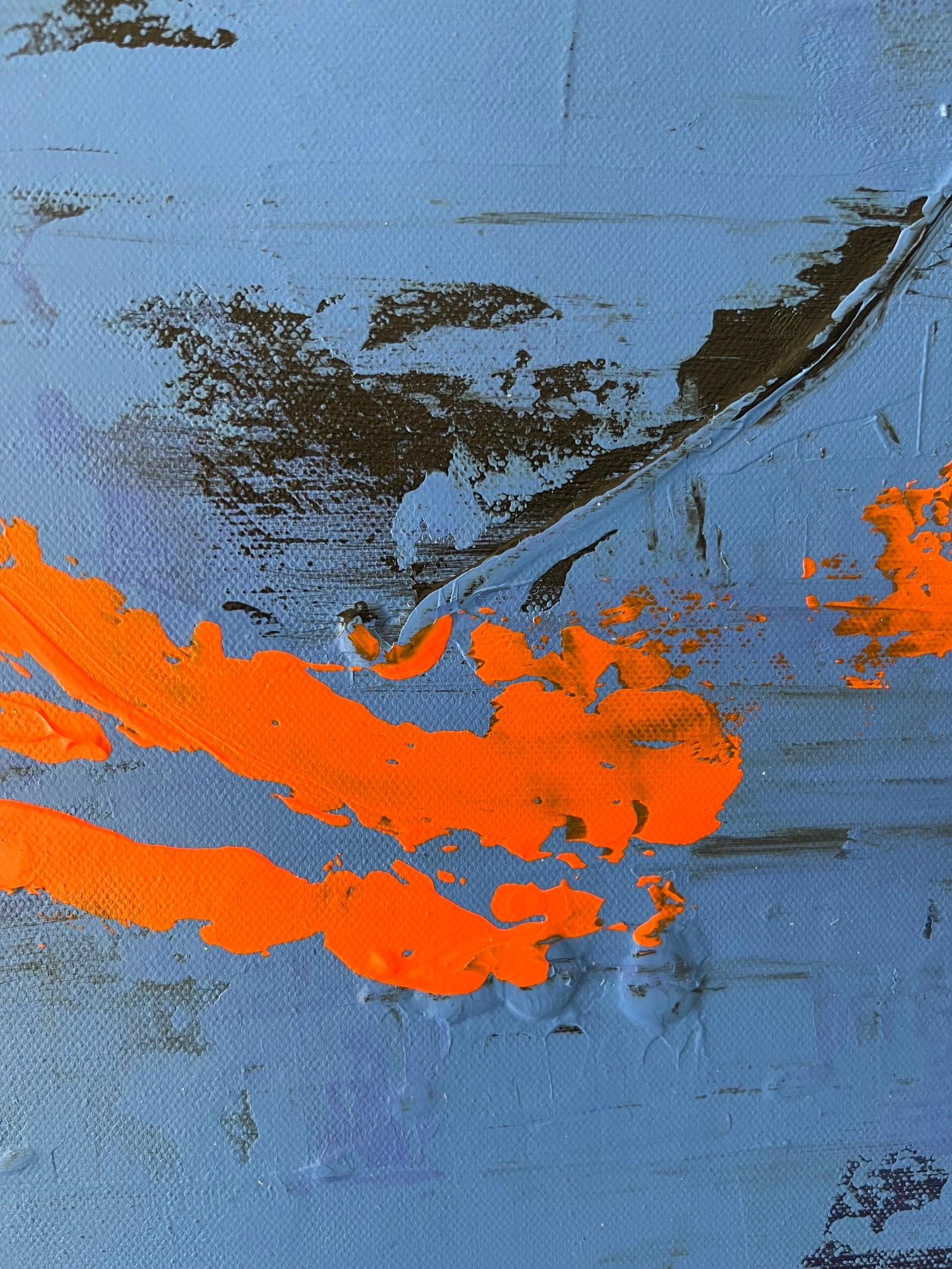Peinture moderne bleu et orange avec reflets dorés, œuvre abstraite contemporaine sur toile coton, idéale pour déco murale.