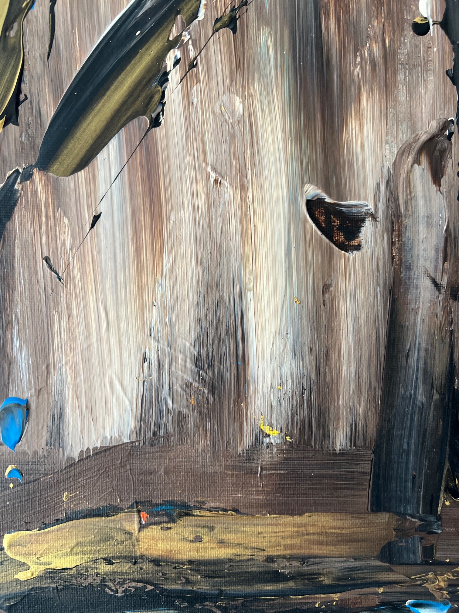 Peinture moderne dorée et noire, création abstraite sur toile, décoration murale chic et minimaliste.