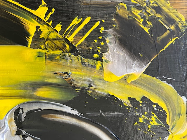 Peinture murale jaune, noir, art abstrait moderne sur toile, création faite main signée Biacha.