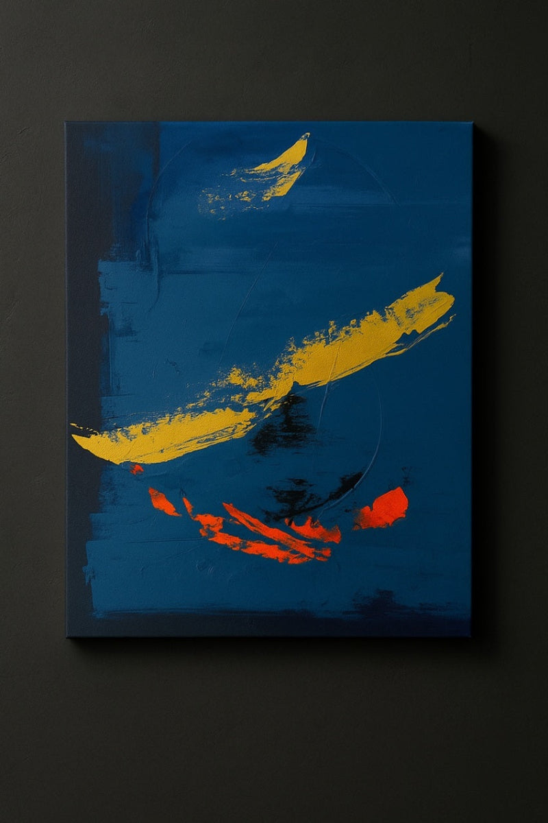 Peinture abstraite faite main sur toile, œuvre contemporaine bleue et noire avec travail de la matière et du relief