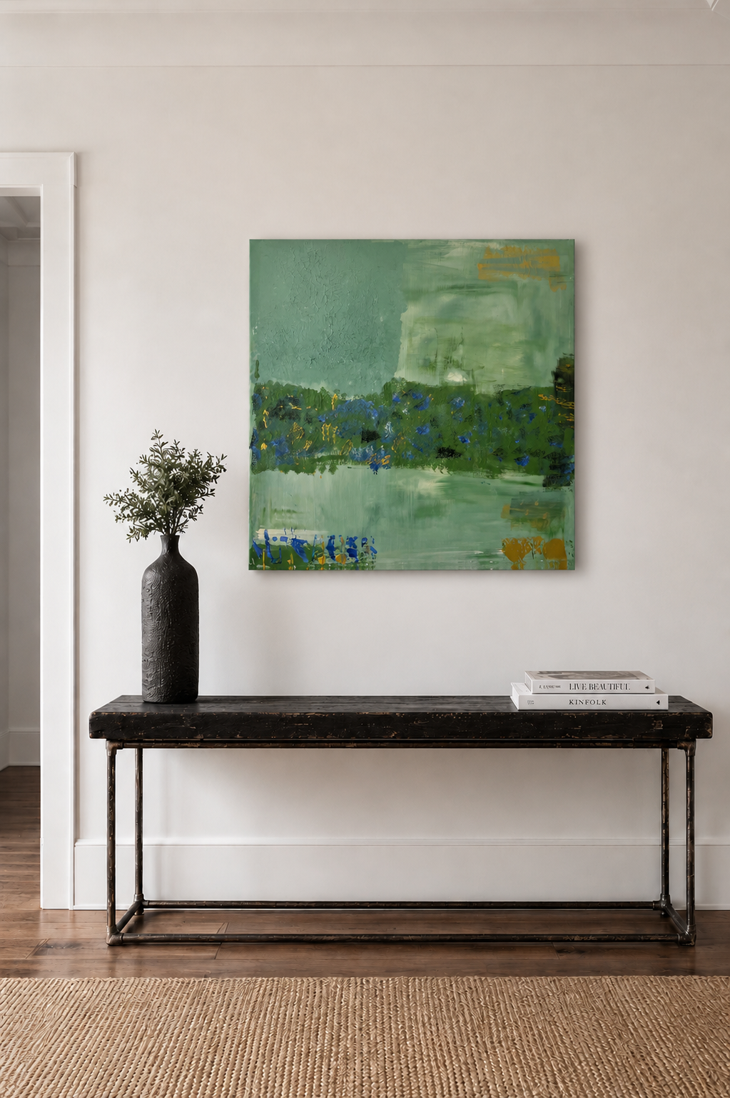 peinture_abstraite_faite_main_sur_toile_vert_sauge par artiste peintre 