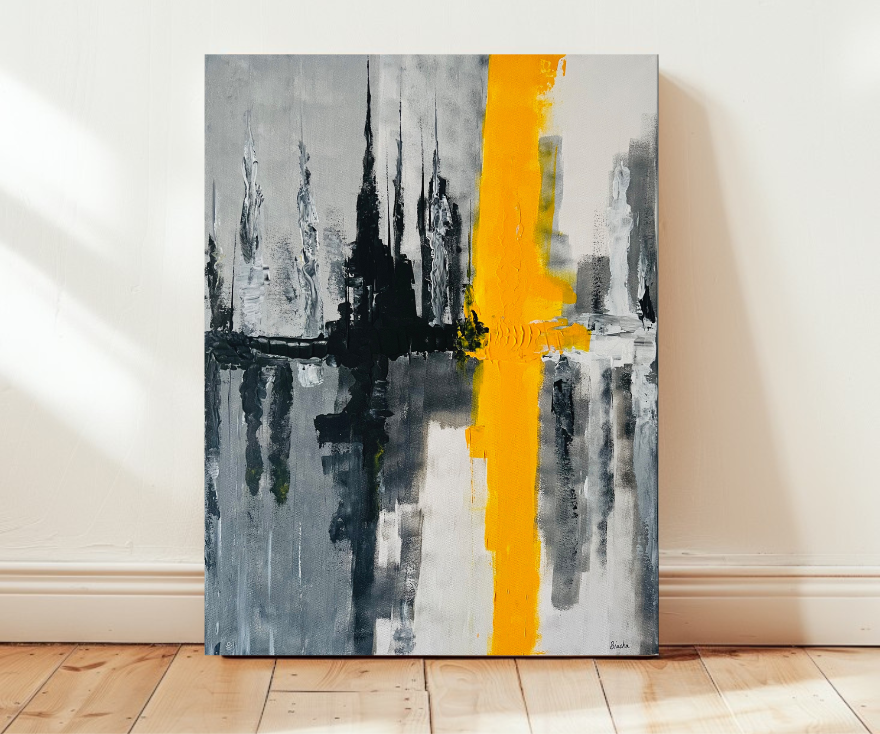 Tableau acrylique moderne jaune, noir et gris