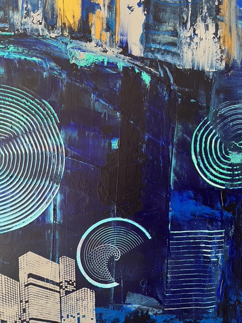 Tableau urbain jaune gris noir moderne – "Ville de Nuit"