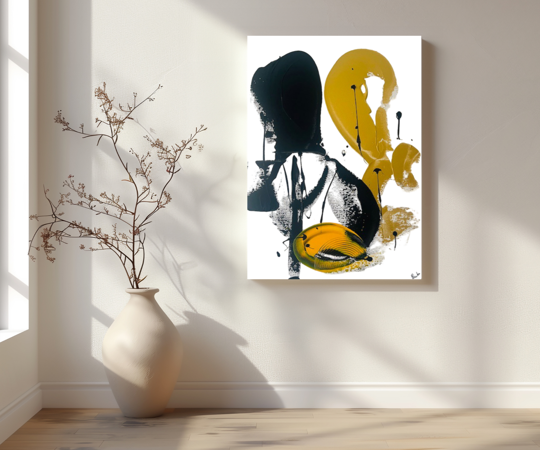 Tableau abstrait noir or jaune moderne