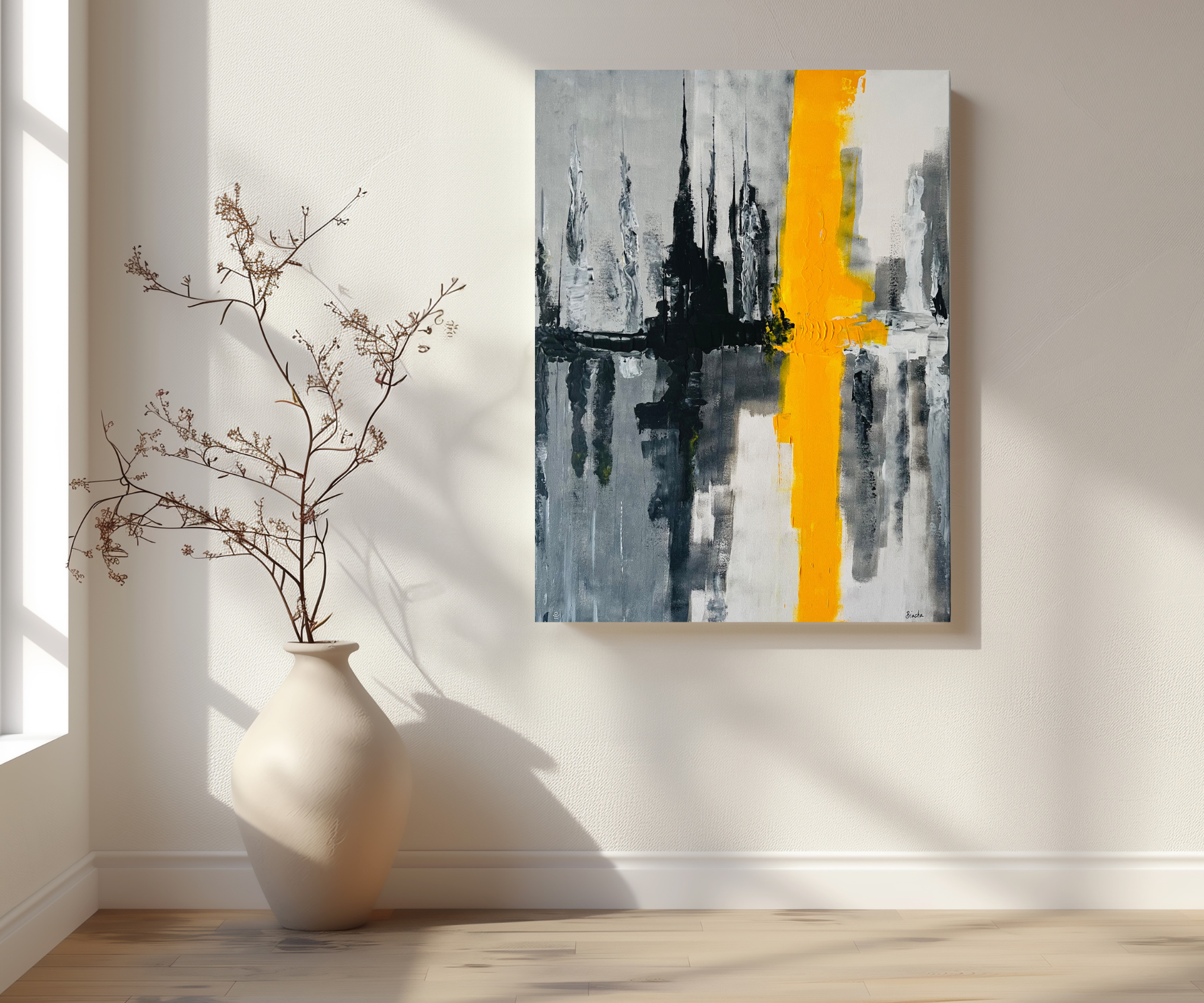 Tableau acrylique moderne jaune, noir et gris