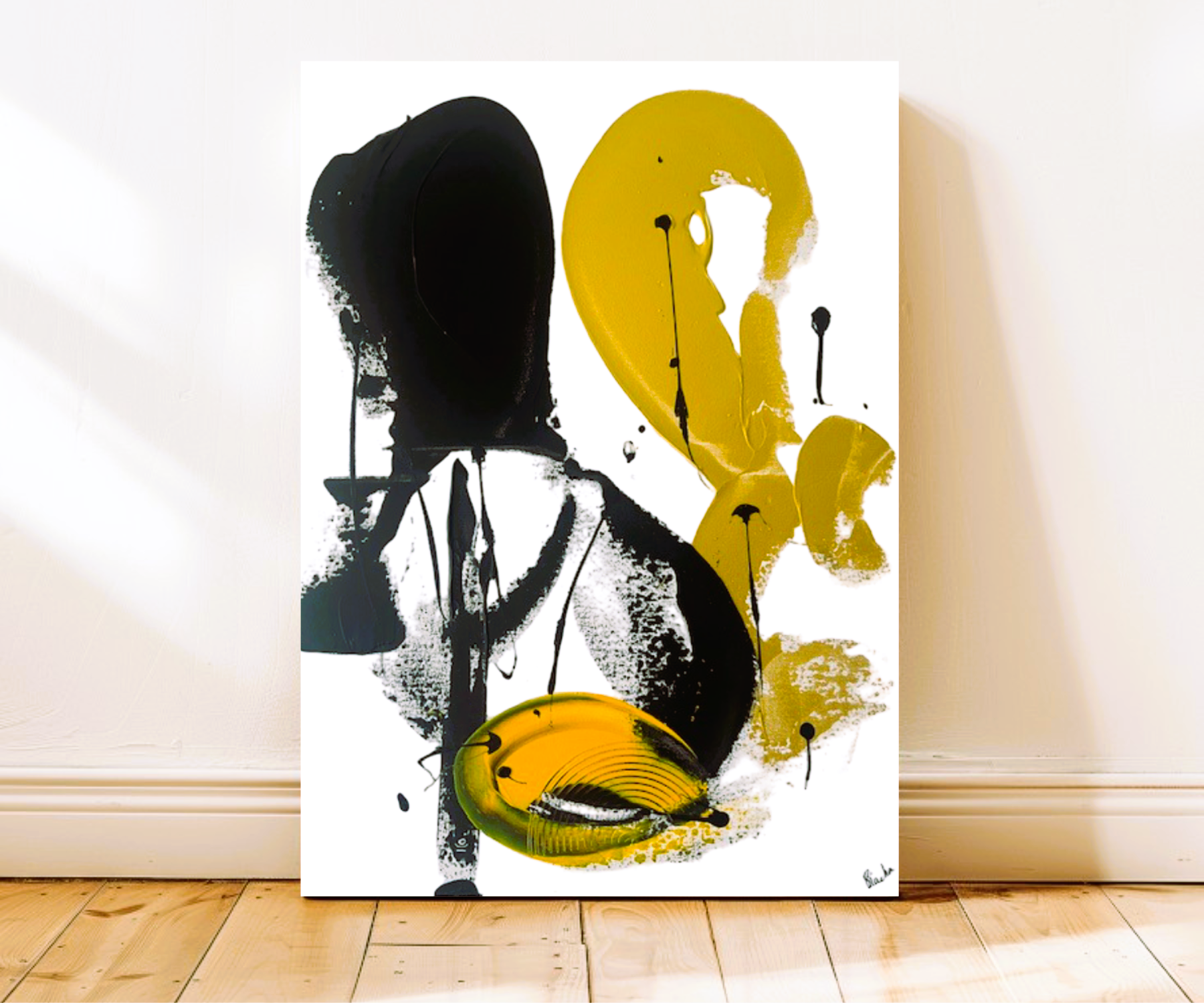 Tableau abstrait noir or jaune moderne