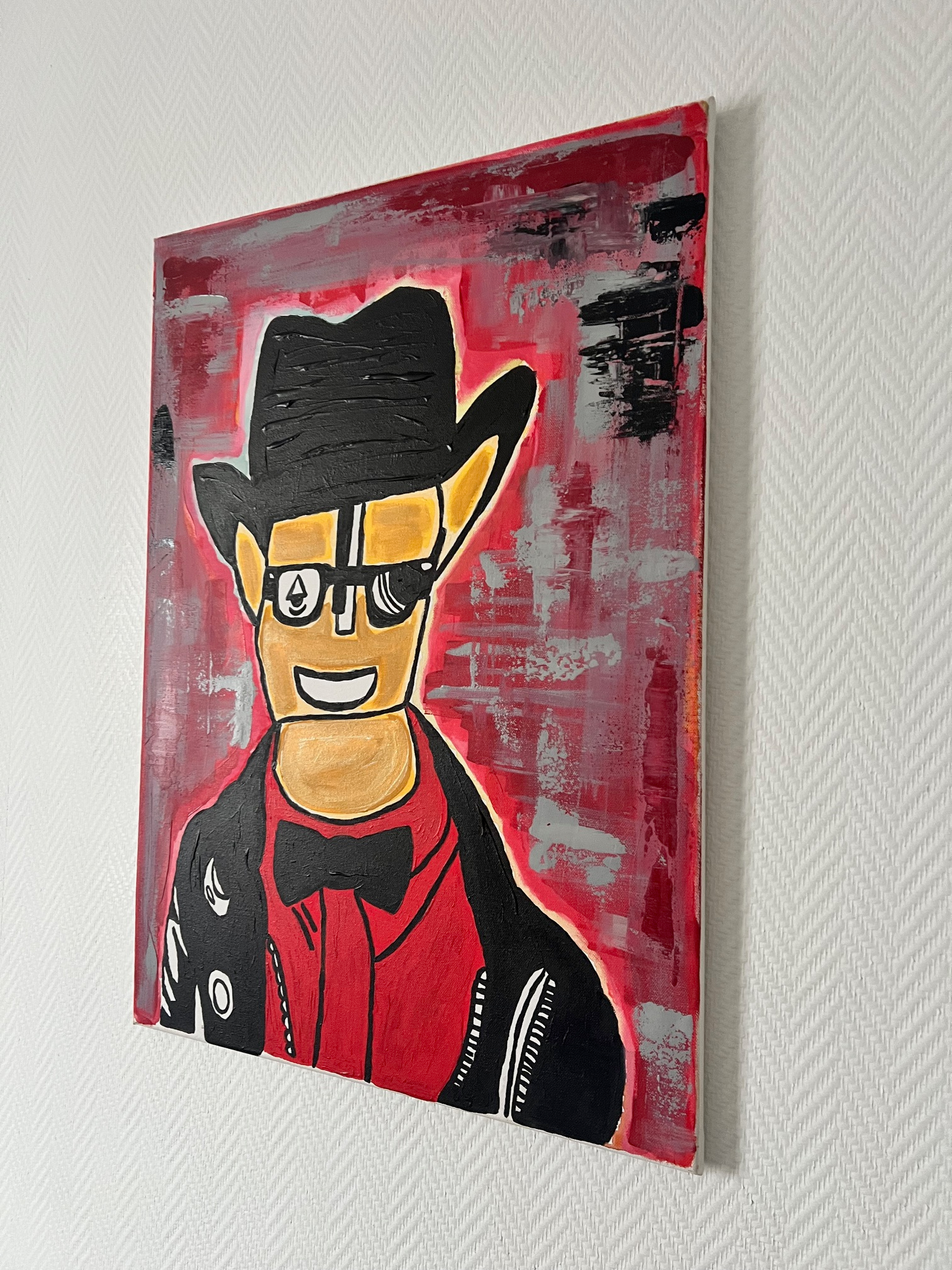 peinture moderne sur toile  rouge et noir personnage  avec chapeau Biacha artiste peintre 