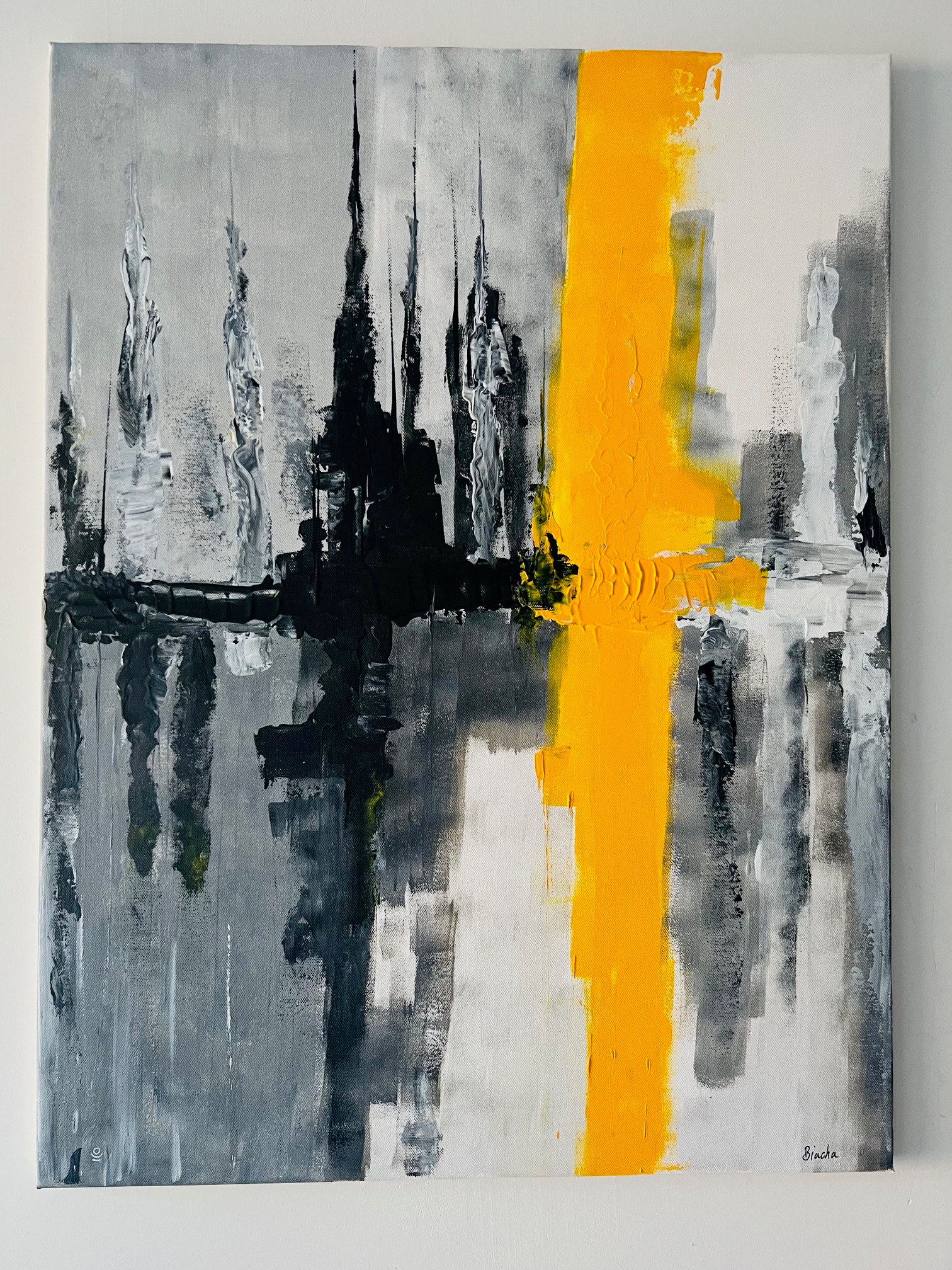 Tableau acrylique moderne jaune, noir et gris