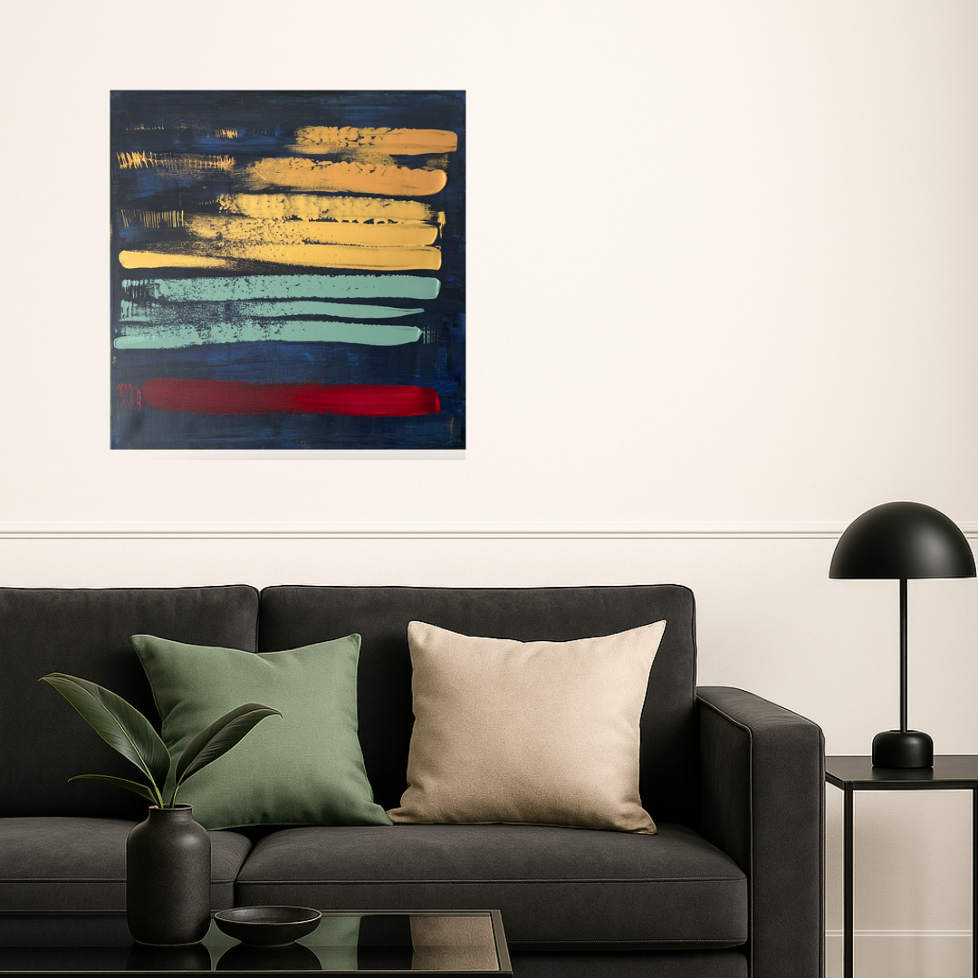 Tableau abstrait fond bleu noir et vert sauge, peinture moderne faite main, œuvre élégante et contemporaine pour déco murale.