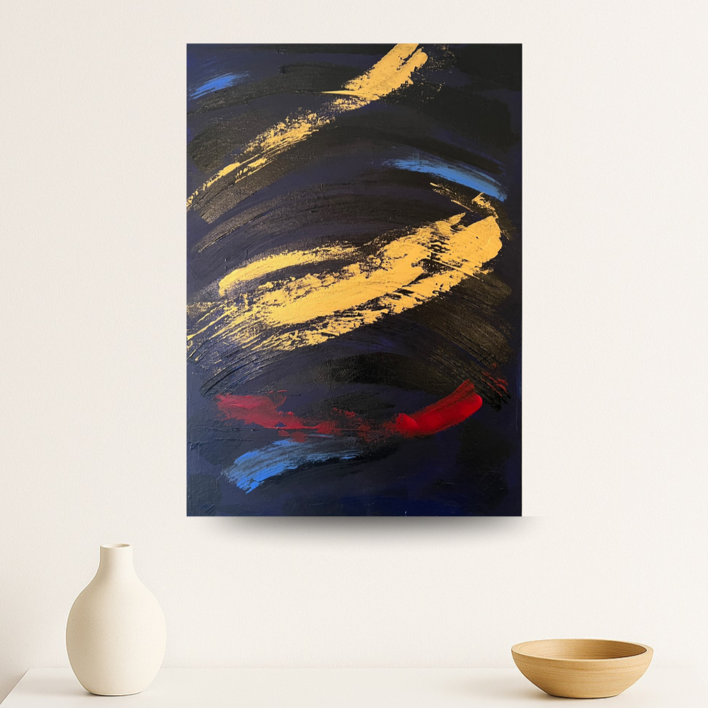 Tableau abstrait bleu foncé avec touches dorées et rouges, peinture moderne en léger relief, création faite main sur toile.