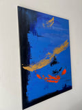 Tableau abstrait bleu, noir et orange avec touches dorées, peinture moderne en léger relief faite main, création Biacha.
