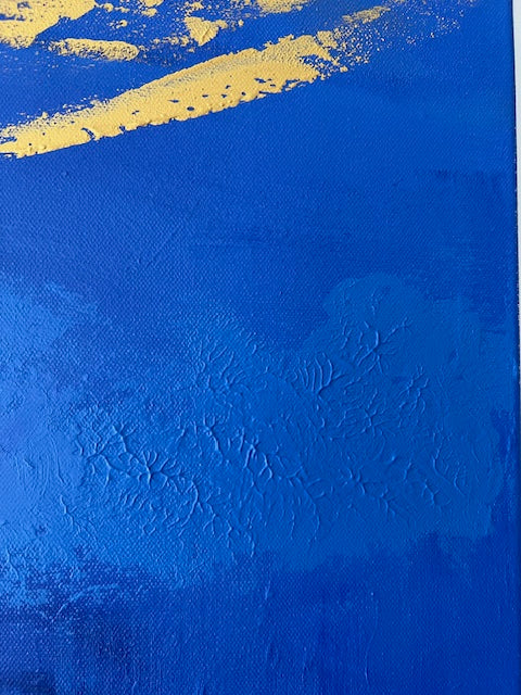 Tableau abstrait bleu et or, peinture moderne faite main sur toile coton, œuvre lumineuse et élégante signée Biacha.