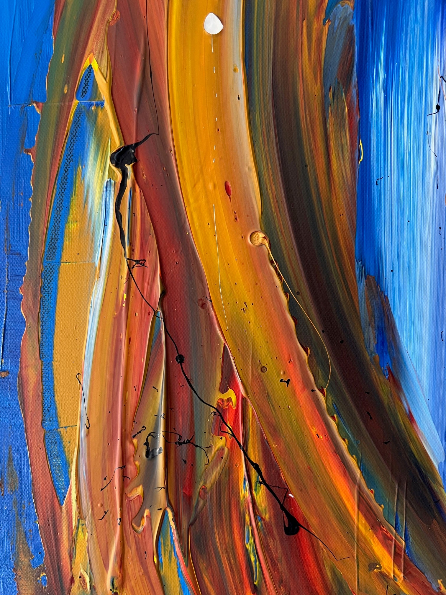 Tableau abstrait bleu et orange fait main, peinture moderne avec relief sur toile coton, création Biacha.