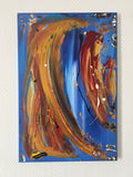 Tableau abstrait bleu, orange et noir peint à la main, parfait pour une décoration murale de salon contemporain.