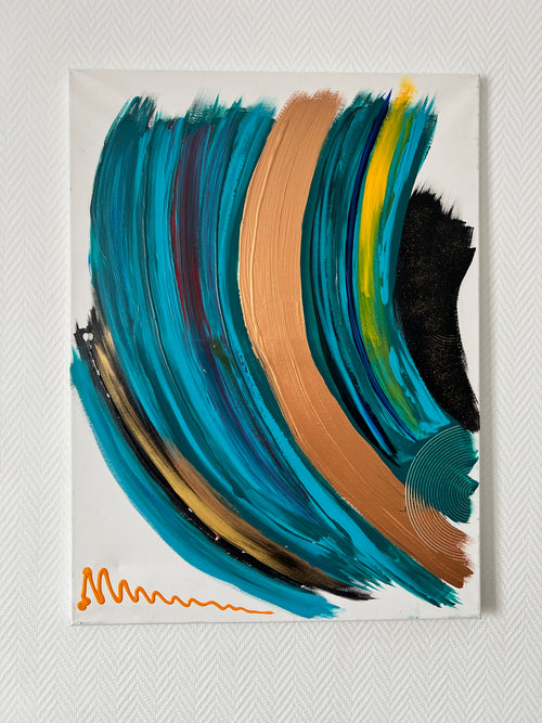 Tableau abstrait bleu turquoise, cuivre et noir peint à la main, idéal pour une décoration murale de salon contemporain.