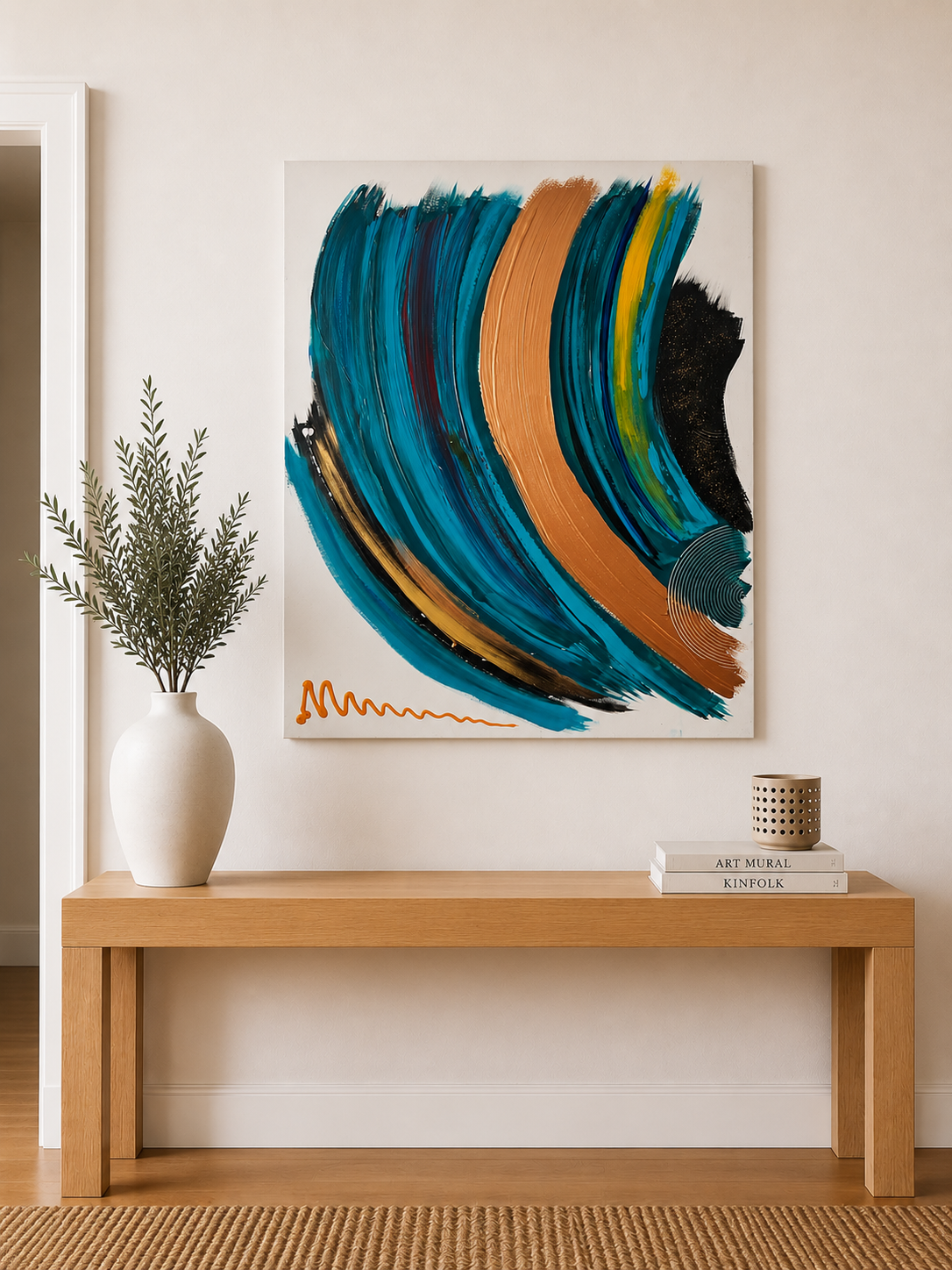 Tableau abstrait de Biacha, artiste peintre français, tableau abstrait bleu turquoise, cuivre et noir destiné à une décoration intérieure contemporaine.