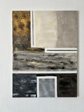 Tableau abstrait cuivre, noir, blanc et or léger, composition moderne pour décoration murale de salon contemporain.