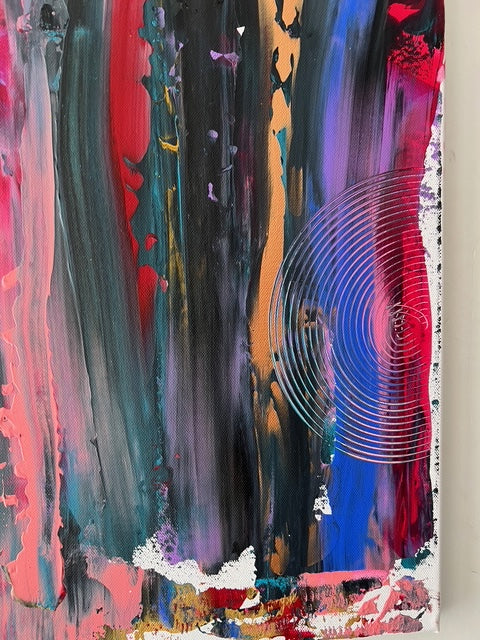 Tableau abstrait aux couleurs vibrantes, création moderne et expressive, peinture artisanale pour déco murale artistique.