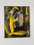 Tableau abstrait jaune, noir, marron et gris peint à la main, idéal pour une décoration murale de salon contemporain.