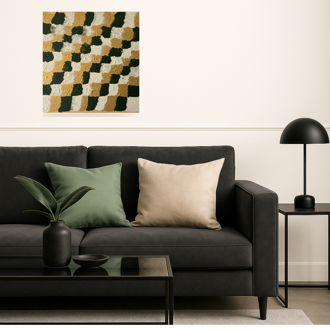 Tableau abstrait vert et blanc évoquant le jeu d’échecs, peinture faite main sur toile, création équilibrée et contemporaine.