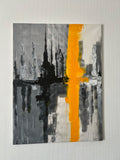 Tableau abstrait moderne peint à la main dans des tons gris, noir et jaune, parfait pour créer une décoration murale élégante dans un salon contemporain.