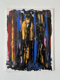 Tableau abstrait noir, bleu et or peint à la main, composition contemporaine idéale pour une décoration murale de salon moderne.