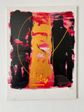 Tableau abstrait noir, rouge et or peint à la main, composition contemporaine idéale pour une décoration murale de salon moderne.