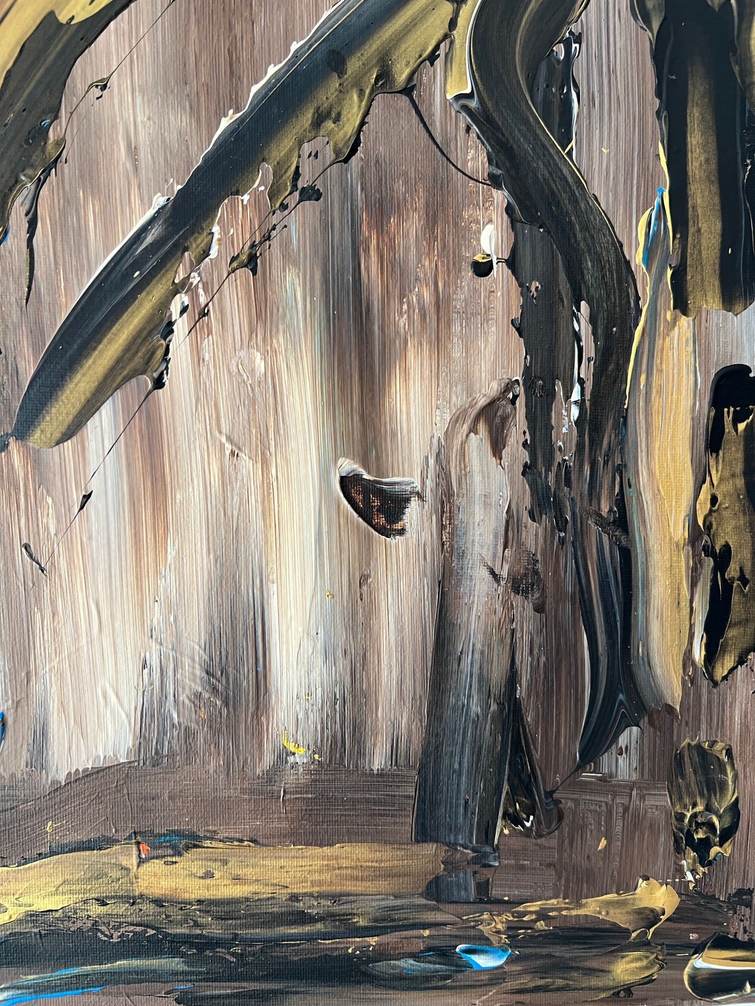 Tableau abstrait or et beige, peinture faite main en relief, idéale pour une déco chaleureuse.